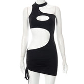 Hollow out irregular solid ruched dress