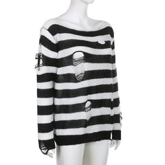 Crochet hollow out long sleeve striped top - Final Sale