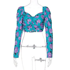 Ruched rose pattern print long sleeve puff sleeve square neck crop top