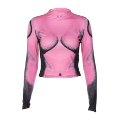 Long sleeve contrast high neck body print crop top