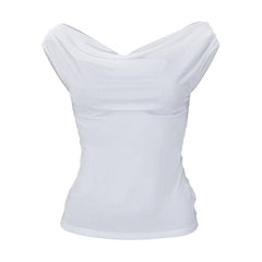 Cowl neck solid cap sleeve backless self tie ruched crop top