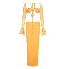 Mesh solid flared sleeve lace up hollow out midi skirt set