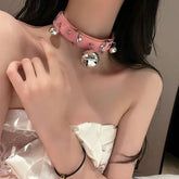 Bell pendant PU leather buckle chain choker necklace