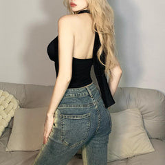 Flower applique hollow out solid backless halter crop top