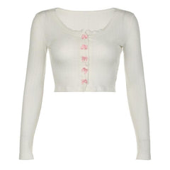 Bowknot textured long sleeve lace hem contrast crop top