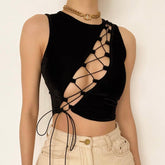 PRE ORDER - Crewneck lace up sleeveless ribbed crop top