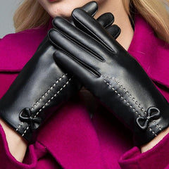 Touch screen fleece bowknot PU gloves