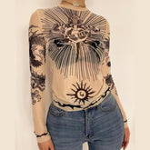 Long sleeve crewneck mesh see through print top