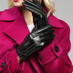 Touch screen fleece bowknot PU gloves