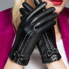 Touch screen fleece bowknot PU gloves