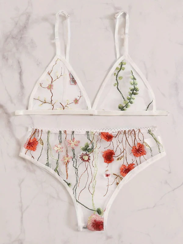 Sheer Mesh Floral Embroidery Sexy Lingerie Set