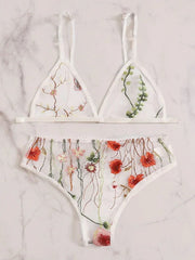 Sheer Mesh Floral Embroidery Sexy Lingerie Set