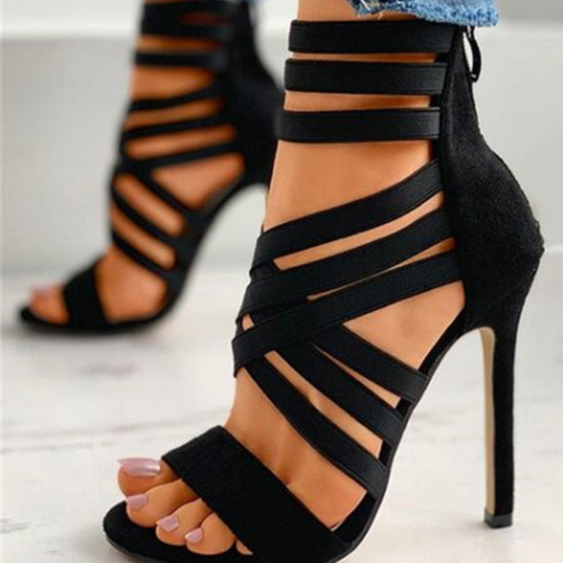 Hollowed Out Solid Color Pointed Stiletto Sandals