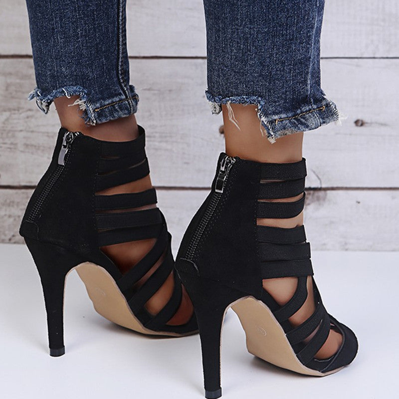 Hollowed Out Solid Color Pointed Stiletto Sandals