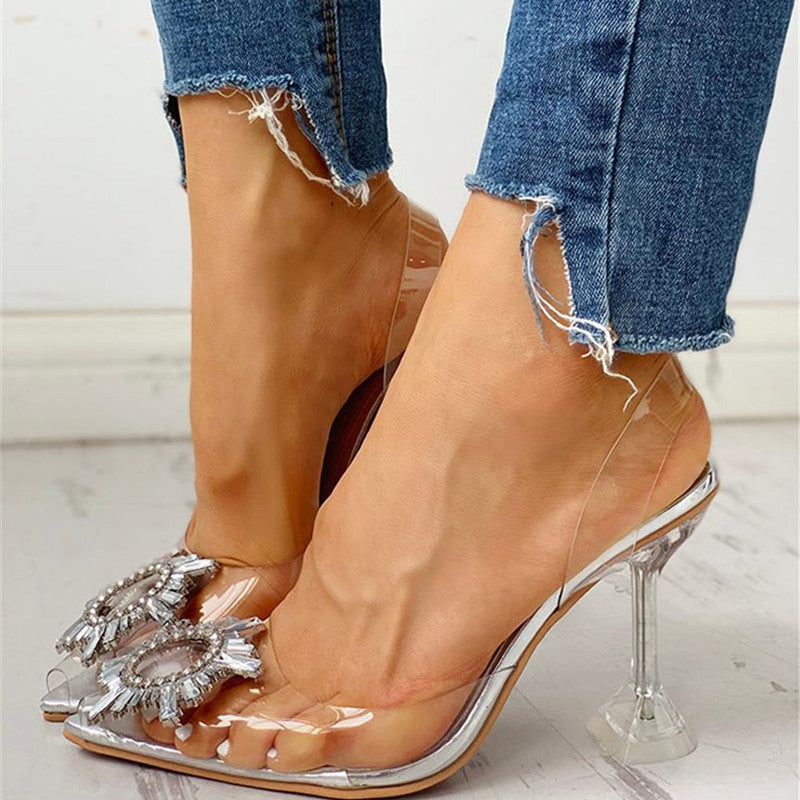 Patchwork Rhinestone Pointed High-heeled Sandals