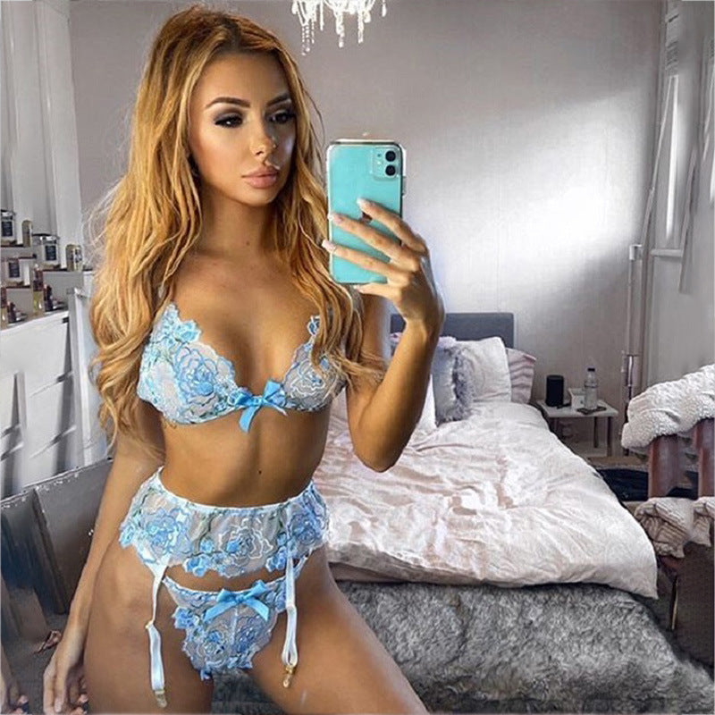 Conjunto de lencería sexy de encaje con bordado de mariposas transparentes