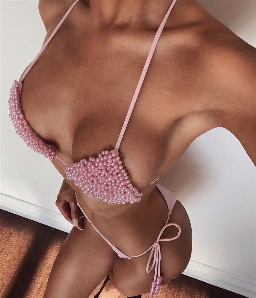 Conjunto de lencería de bikini sexy con cuello de perla