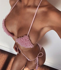 Conjunto de lencería de bikini sexy con cuello de perla