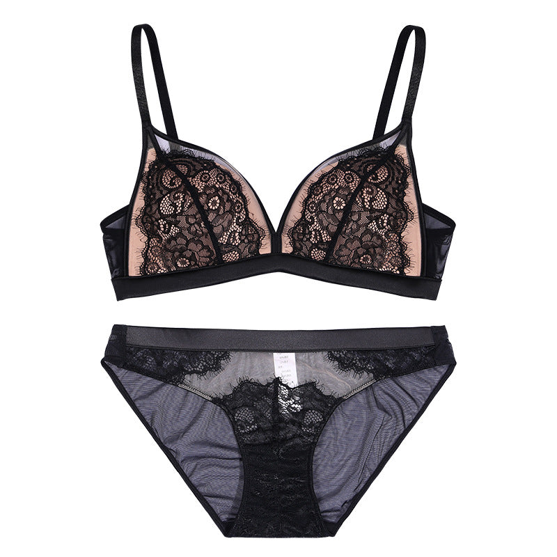 Patchwork Lace Mesh Eyelashes Lingerie Set