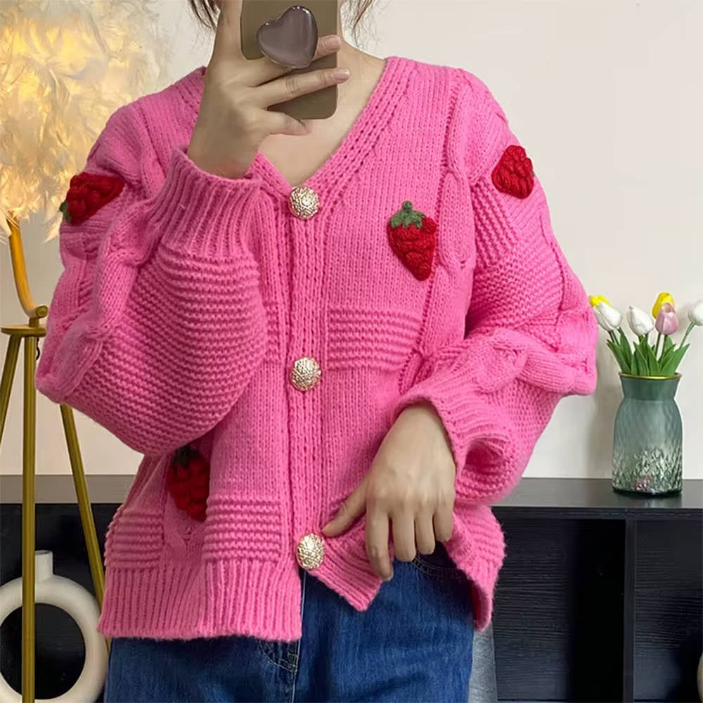 3D Strawberry Pattern Cardigan