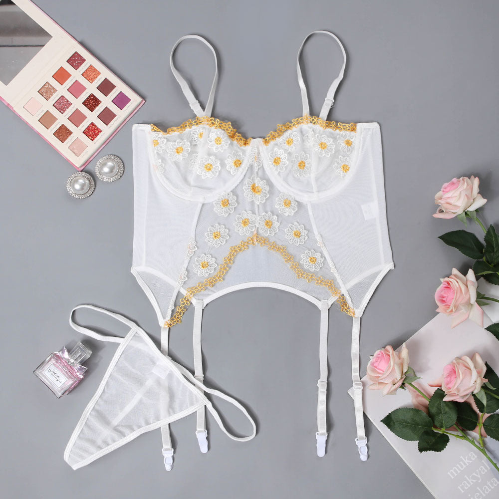 Sexy Dessous-Set mit Gänseblümchen-Stickerei und Spitze