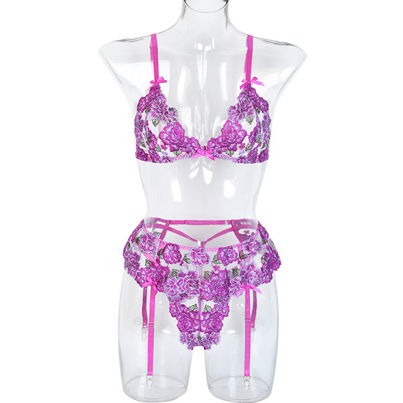 Conjunto de lencería sexy con encaje bordado de flores y mariposas