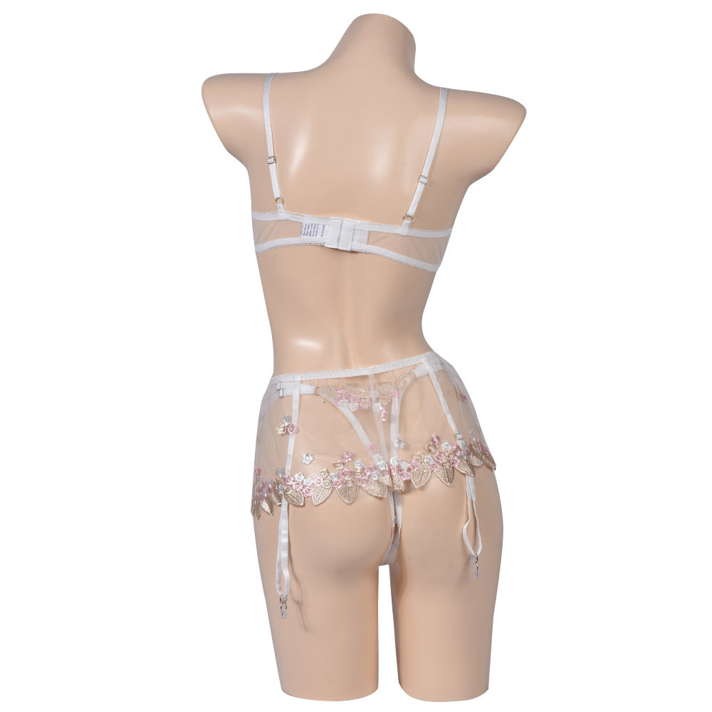 Conjunto de lencería sexy de malla transparente con ribete de encaje