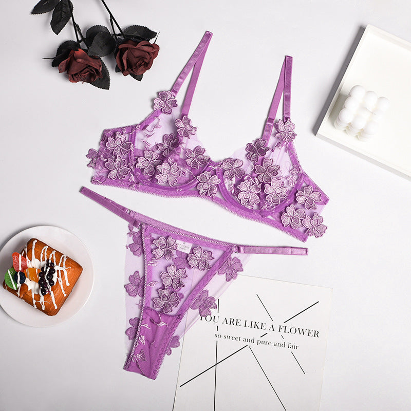 Sexy Romantic Flower Embroidery Perspective Sexy Lingerie Set