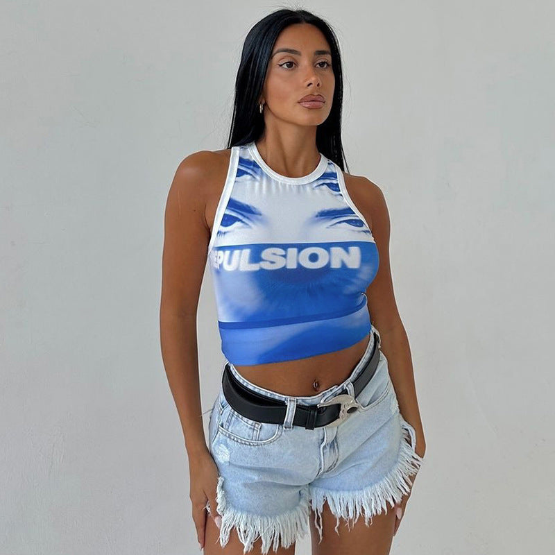 summer personality print round neck exposed navel sleeveless vest