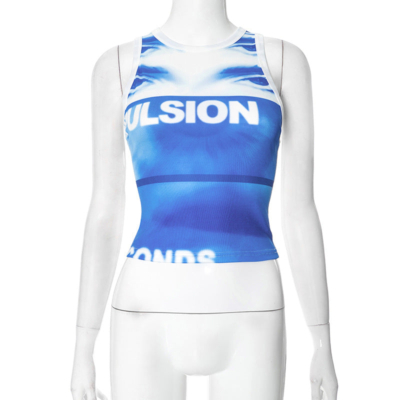 summer personality print round neck exposed navel sleeveless vest