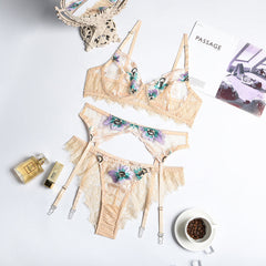 Conjunto de lencería sexy de encaje con bordado floral