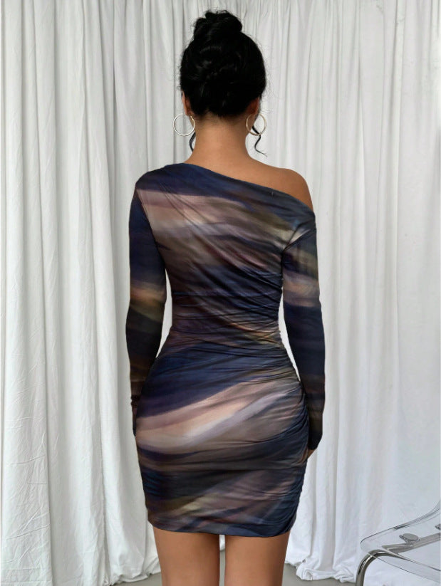 Stitch sheer mesh see through abstract off shoulder mini dress