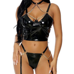 PU Leather Metal Chains Halter Sexy Lingerie Set