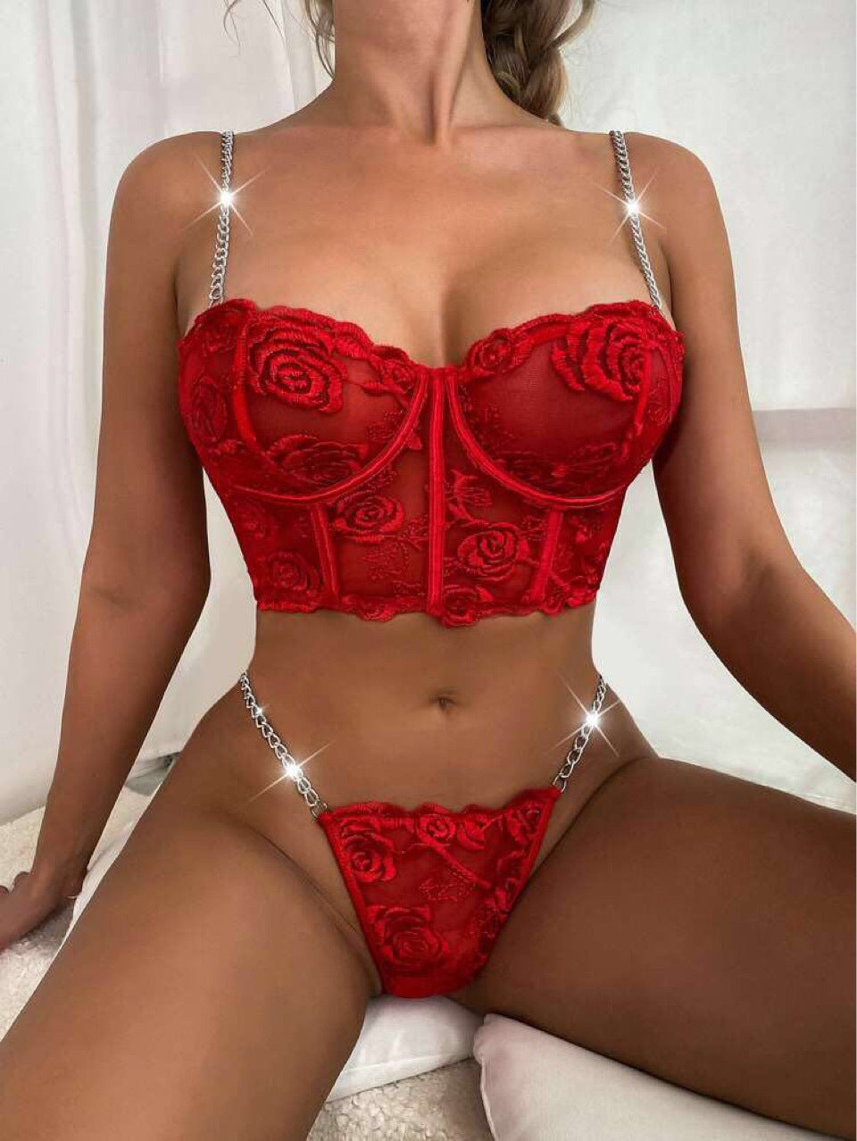 Metal Chain Floral Embroidered Sexy Lingerie Set