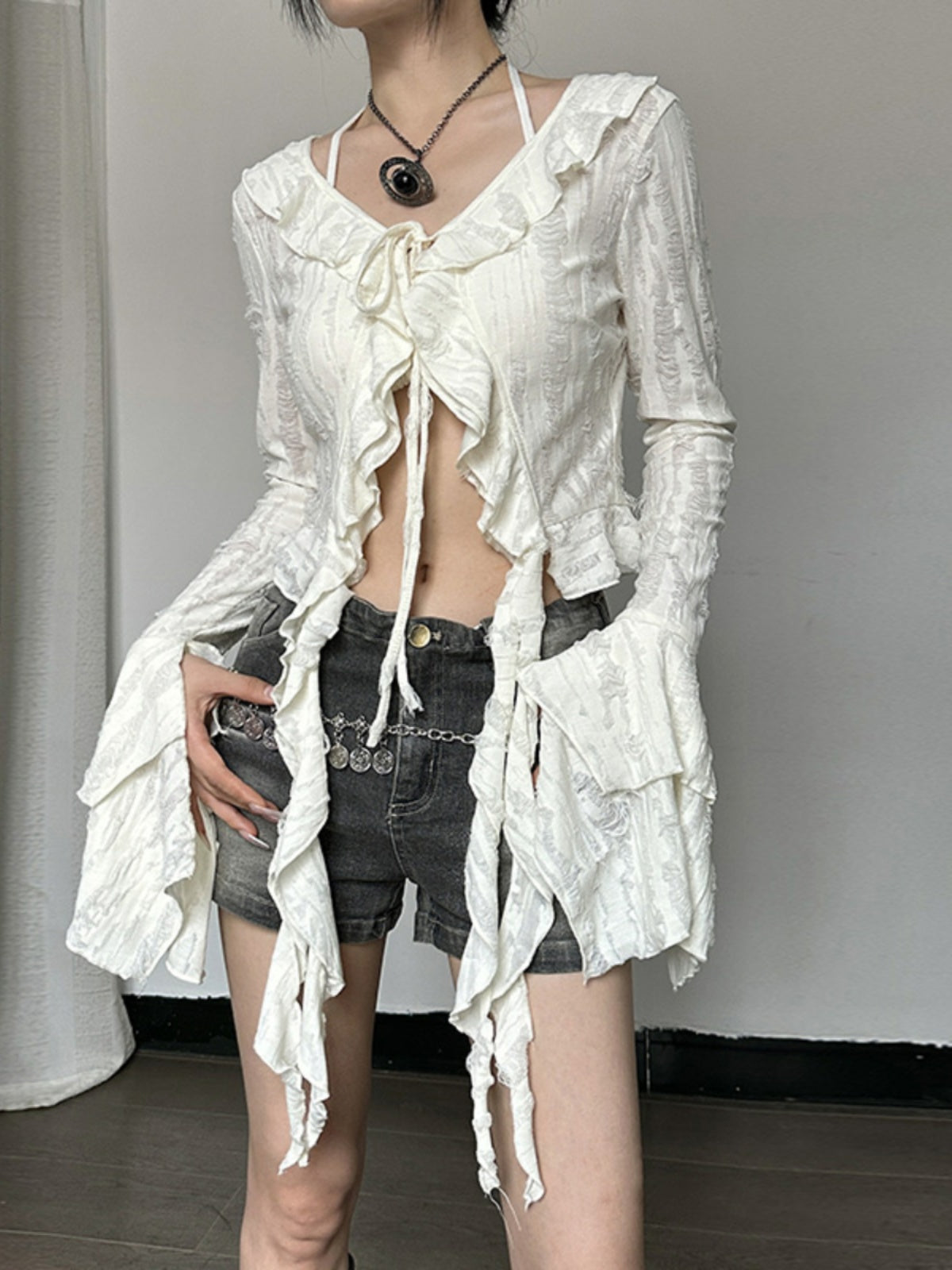 Halter self tie v neck flared sleeve button ruffle crop top