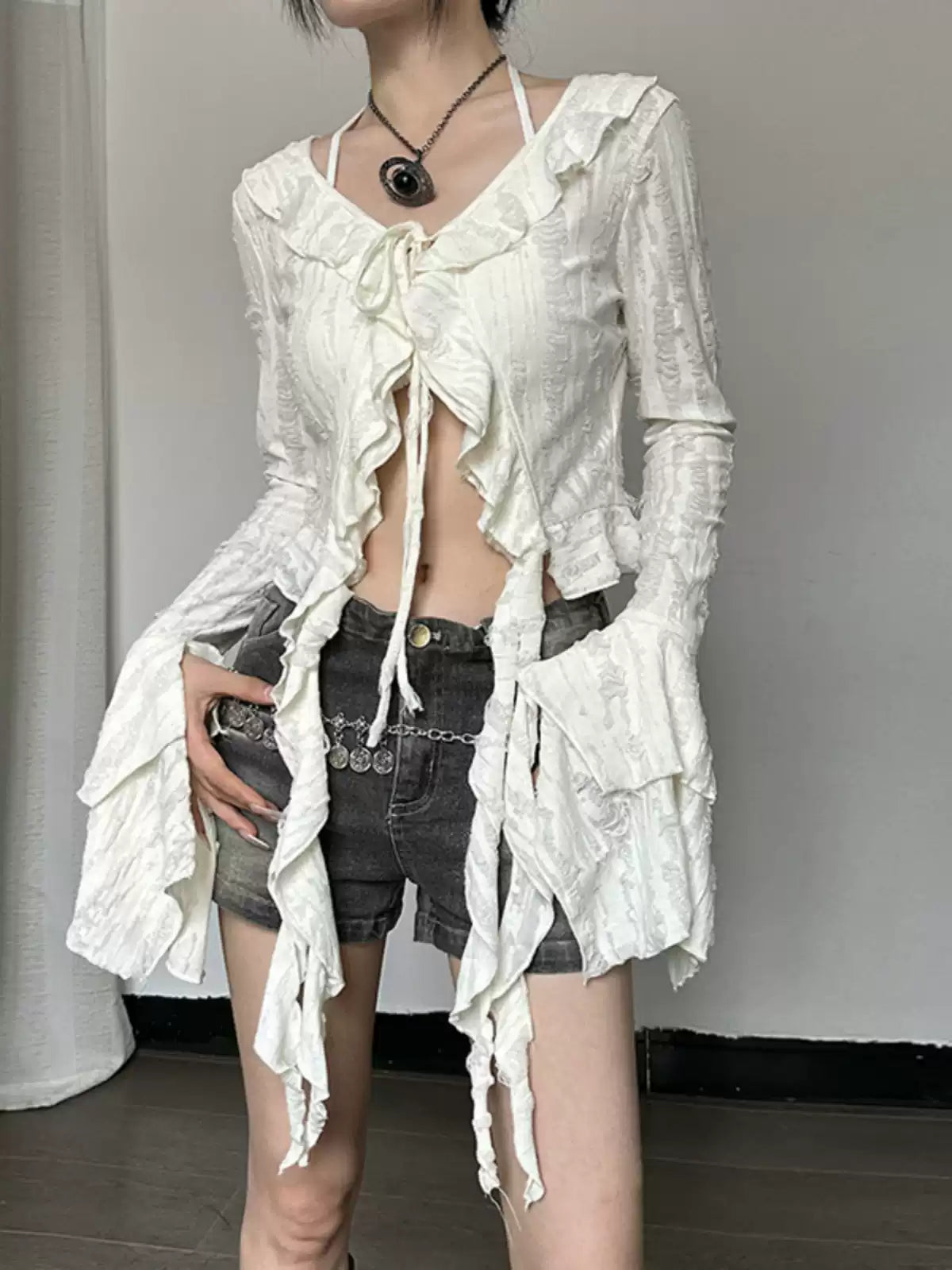 Halter self tie v neck flared sleeve button ruffle crop top