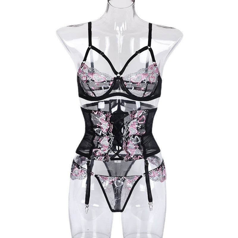 Heart Embroidered Sexy Strap Lingerie Set