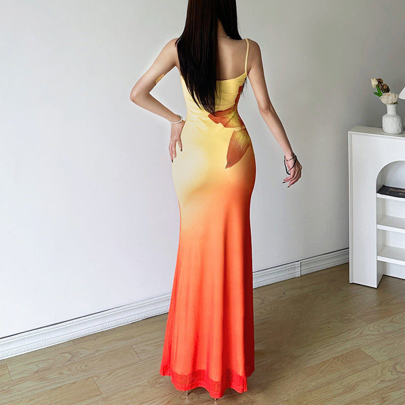 Rückenfreies, kontrastierendes 2-Wege-Camisole-Midikleid mit Farbverlauf und quadratischem Ausschnitt