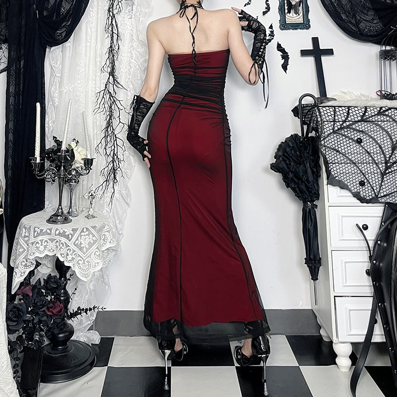 Black and red halter neck mesh dress