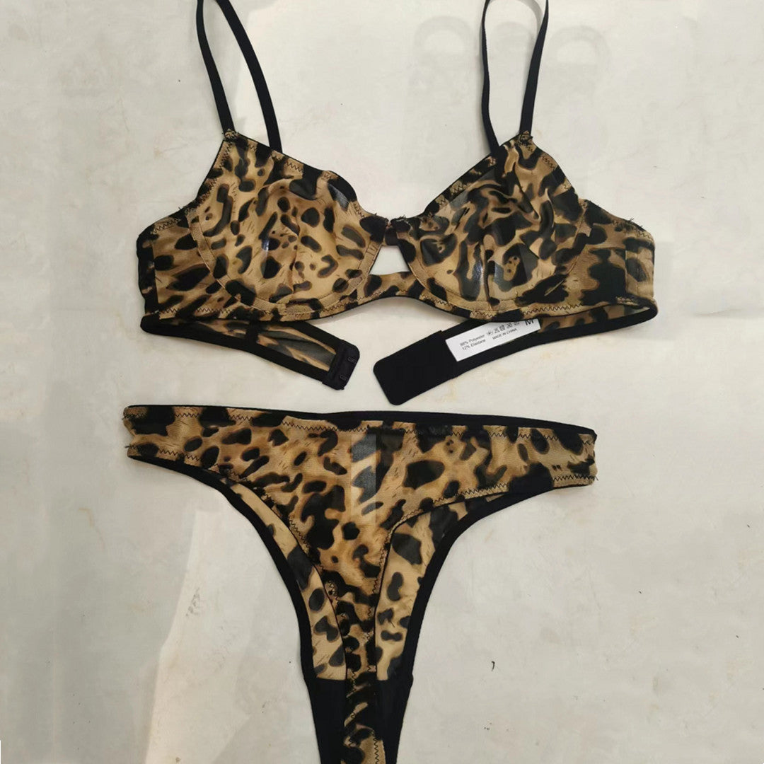 Nuevo conjunto de lencería sexy de malla ultrafina con estampado de leopardo transparente