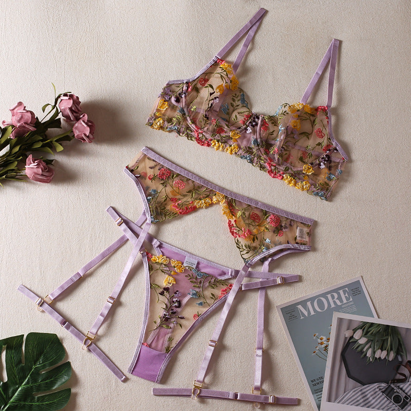 Sexy Perspective Yellow Pastoral Floral Lingerie Set