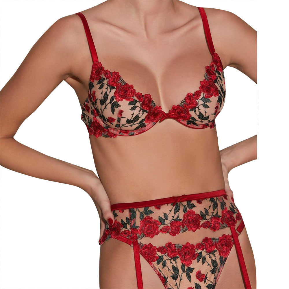 Sexy Push-Up-Dessous-Set mit Rosenstickerei, 3-teilig