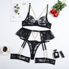 Sexy Dessous-Set mit durchgehender Spitze und Metallkette