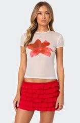 Mesh Printed Round Neck T-Shirt Top 2yk