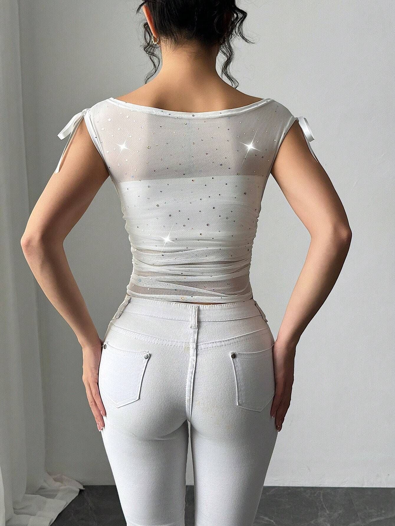 YK2 Sequined Mesh Bow Ruffle T-shirt