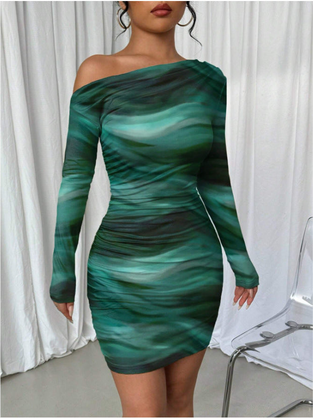 Stitch sheer mesh see through abstract off shoulder mini dress