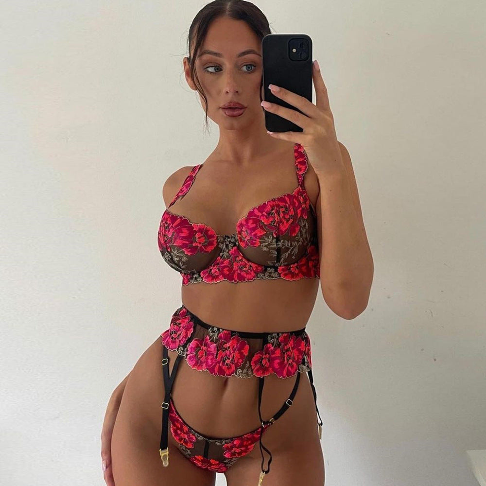 Conjunto de lencería sexy de encaje con bordado floral