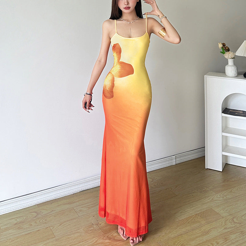 Rückenfreies, kontrastierendes 2-Wege-Camisole-Midikleid mit Farbverlauf und quadratischem Ausschnitt