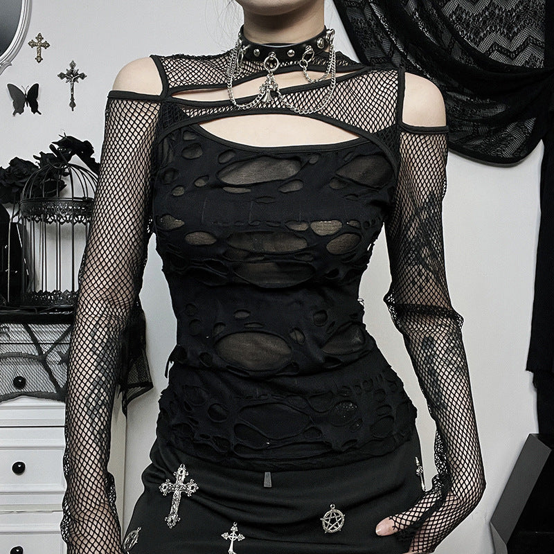Slim Fit Mesh Distressed Long Sleeve Top