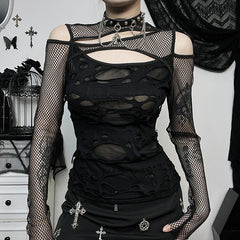Slim Fit Mesh Distressed Long Sleeve Top